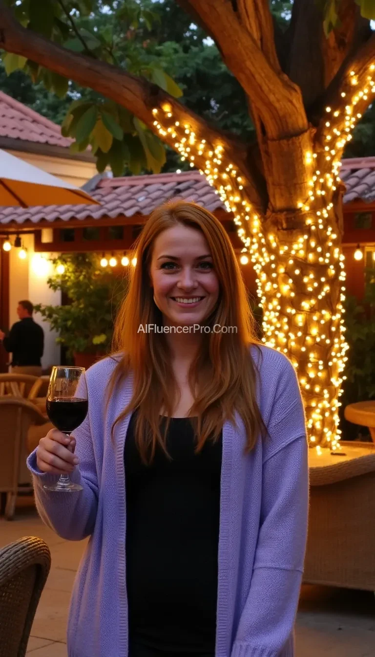 A full body shot photo of a woman standing outdoors at a cozy, warmly lit patio in the evening, with soft, glowing lights wrapped around a tree behind them creating a charming atmosphere. The image is rich in detail, with warm tones and clear textures throughout. The woman has fair skin, a slim build, and long reddish-blonde hair, also worn loose. She is smiling warmly at the camera, holding a glass of red wine in her right hand, and wears a soft-textured lavender cardigan over a black top. The background features a large tree with sparkling string lights wrapped around its trunk and branches, adding a magical touch to the scene. The setting suggests a private outdoor seating area, with elements like terracotta-tiled roofing, greenery, and rattan chairs contributing to a serene, inviting vibe. The overall composition is balanced, with the woman framed against the softly glowing tree, and the lighting enhances the warm, intimate feel of a quiet evening shared among friends. The details are vivid, with textures of clothing, skin, and background elements clearly visible, while the warm lighting creates a relaxed and joyful mood