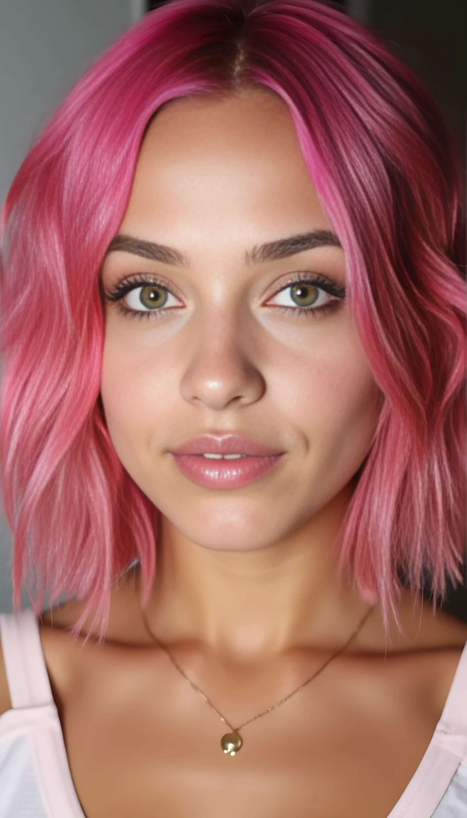 A studio-quality full-face portrait photo of a beautiful 20 years old model, mixed ethnicity of half white American half Brazilian, with pink hair, ultra detailed green eyes with sharp iris reflections, slight smile, high-quality