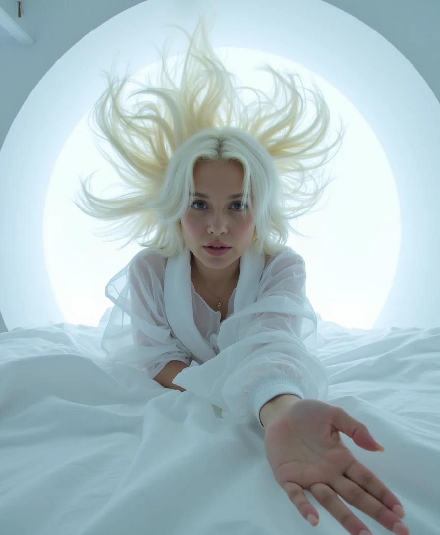 A glowing, ethereal white room. Luna with icy blonde hair, floats on silk sheets, fog curling around her. She wears a flowing sheer robe, hair fanned around her like a goddess in a dream. Her hand reaches toward the viewer, inviting surrender. The light behind her pulses like a heartbeat.
