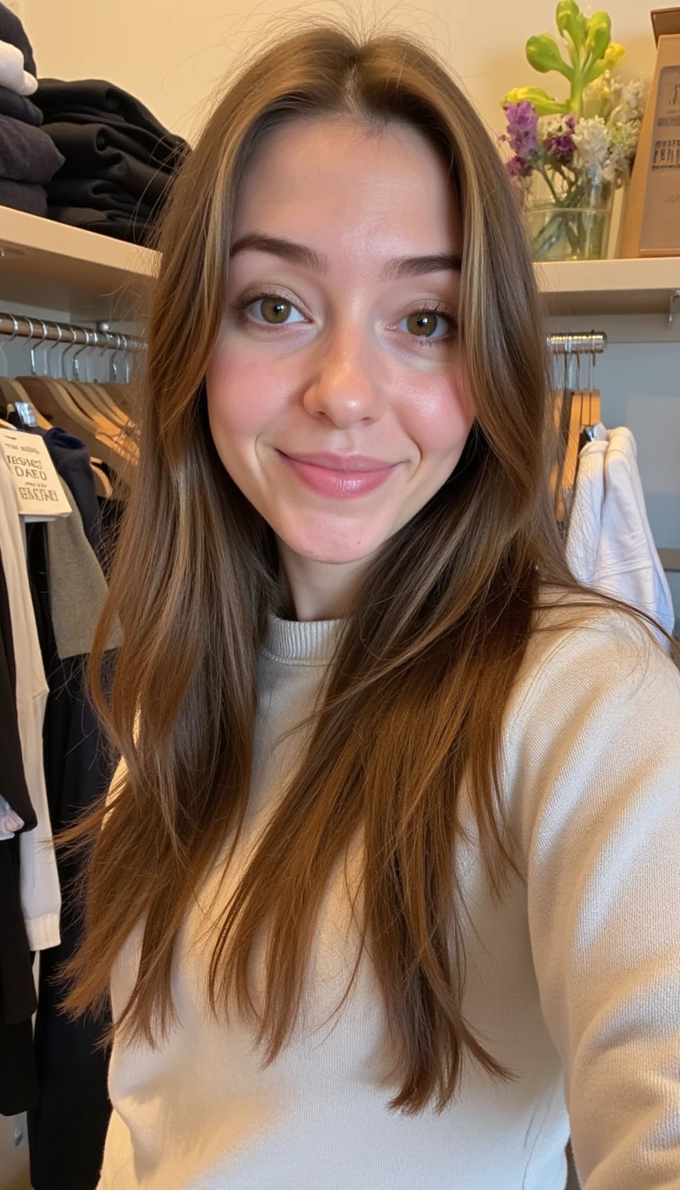 boring low quality snapchat photo circa 2015, finance girl, girl next door, half Dutch half British, light brown hair, in a shop