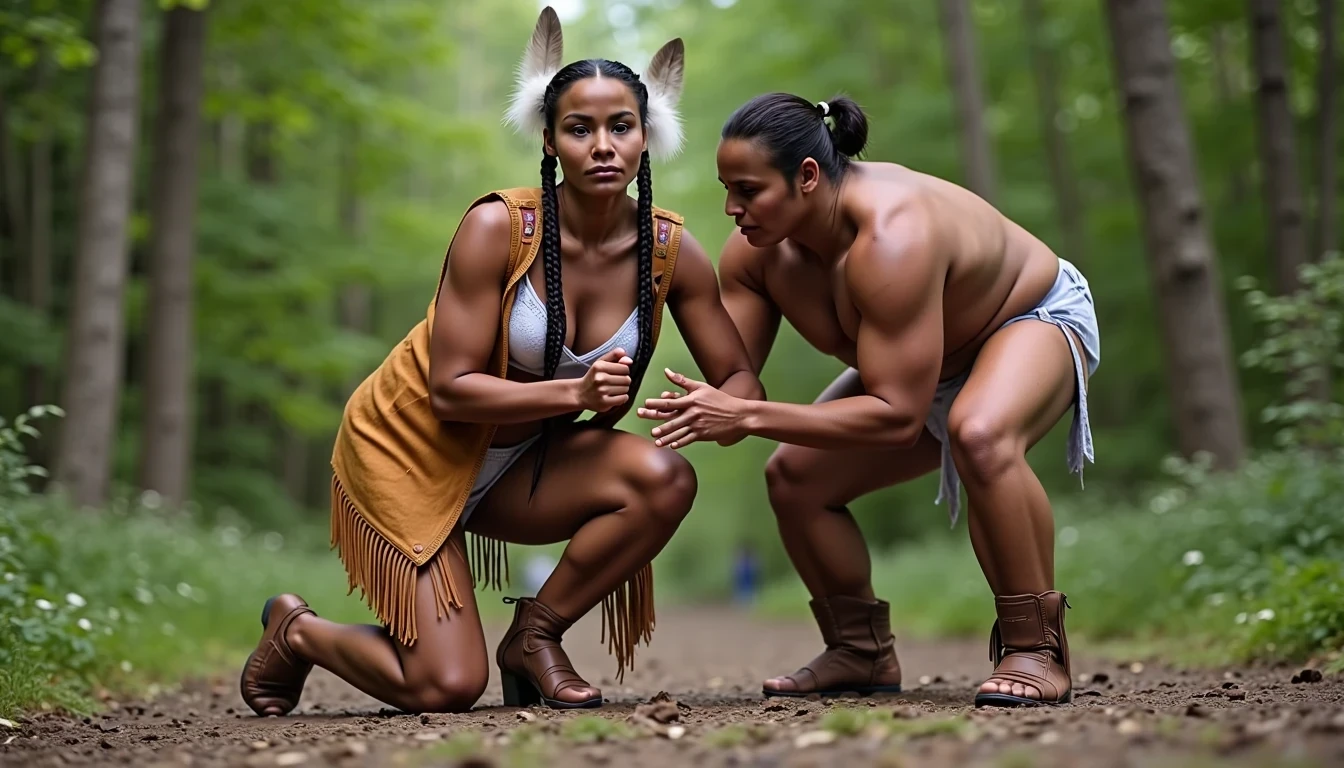 photo of woman CSTMDL, a medium shot photo of, a slim woman, her full body is in the scene, she has a slender petite build with petite small boobs and a flat chest, she has small dark skin nipples with long pointy nipple ducts and small dark skinned areolas, her hair is styled with two long braids she has eagle plumes in her hair, she is not wearing earrings, she is wearing daisy duke denim booty shorts, she is wearing a native American style vest in a golden yellow color over top of her underwear, she is holding her vest open exposing her strapless bra, her bra is a strapless white lace bra, she is wearing white lace panties, she is wearing ankle height smoked hide moccasins, natural lighting, natural light, amateur photography, shot on an iPhone, she is bent over on all fours on the ground with her legs spread wide apart in a densely wooded forest in front of a fat giant native American man, she is maintaining intense eye contact with the camera, a fat giant native American man is directly beside her holding onto her booty, public setting, Hyper realism, 16k, uhd, ultra-sharp focus, perfect meshes and textures, highly detailed, highly accurate reflections, natural lighting, natural light, amateur photography,