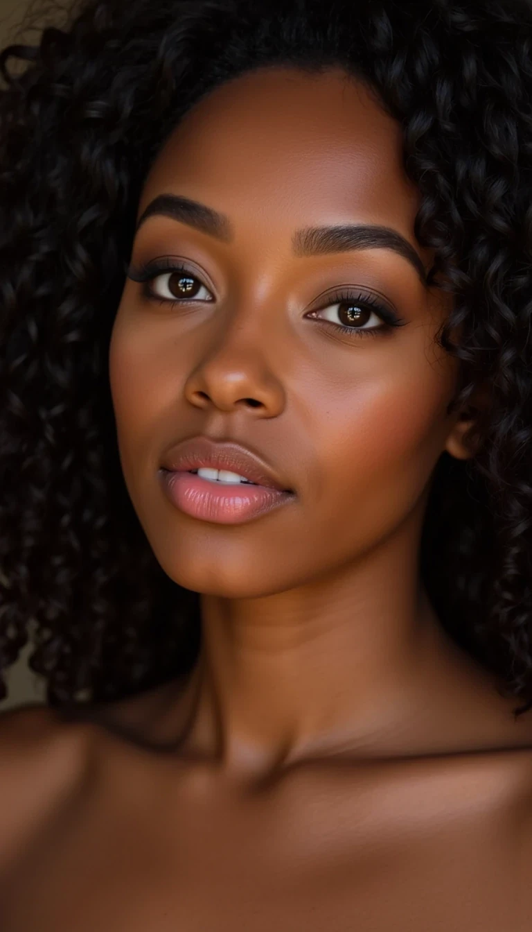 
CSTMDL, ultra photorealistic close-up portrait of a gorgeous 24-year-old Black woman with warm brown skin, natural curly black hair styled glamorously, brown eyes with playful sparkle, radiant skin glow with natural texture, confident flirty smile, bold lipstick, cinematic soft focus background, RAW photo, unedited, DSLR 85mm lens, Instagram profile headshot, hyper-detailed, centered face --exclude cartoon, anime, cgi, 3d render, illustration, painting, digital art, AI glow, plastic texture, doll-like, distorted face, blurry, watermark, text










