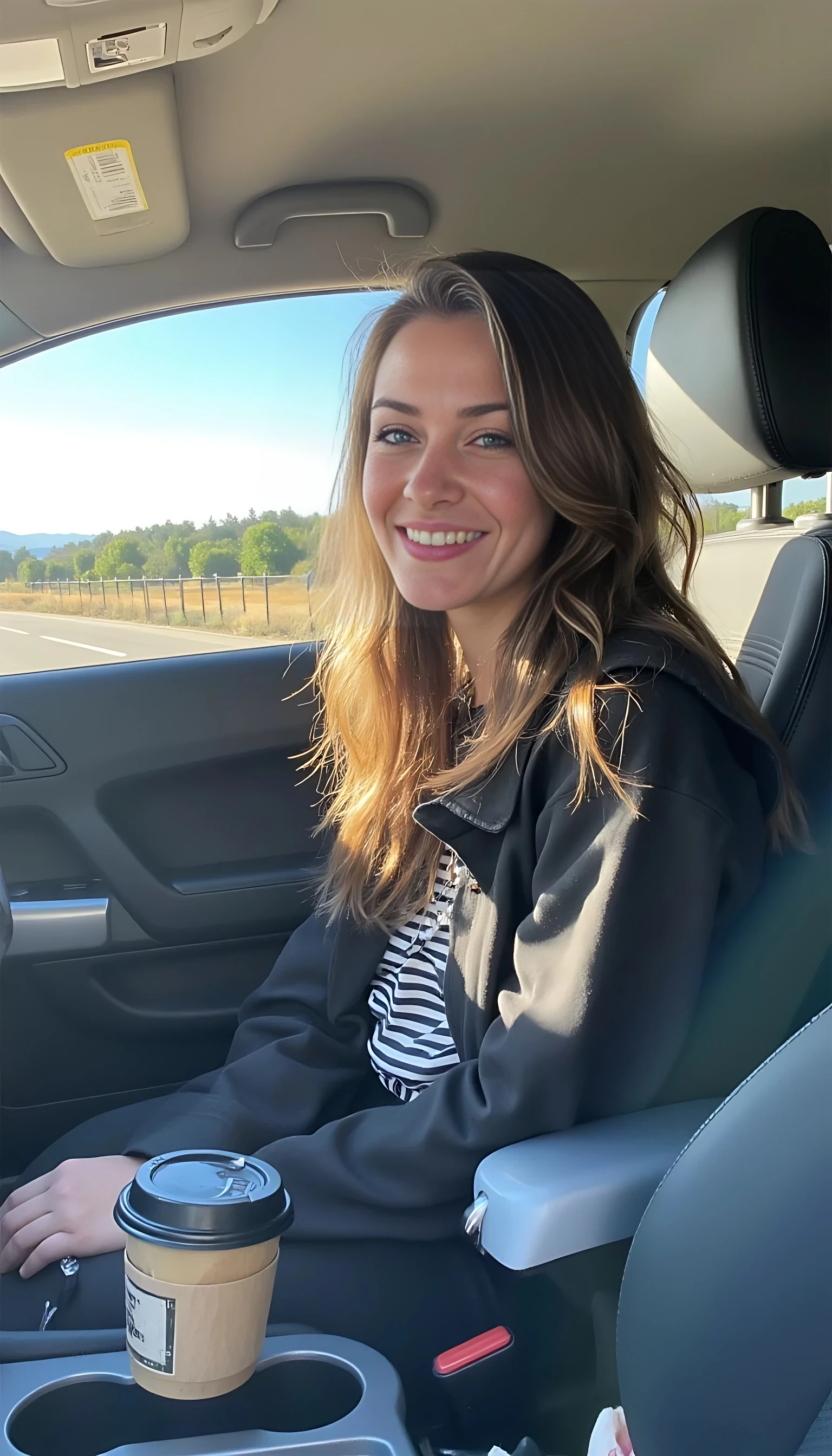 boring low quality snapchat photo circa 2015, A young woman with a warm smile, sitting in the driver's seat of a cozy car. She has soft, wavy brown hair cascading past her shoulders. The sunlight streams through the window, casting a gentle glow on her face. The interior of the car is neat and comfortable, with a coffee cup in the cup holder and a small plant on the dashboard. The background outside the window shows a scenic road lined with trees and blue skies
