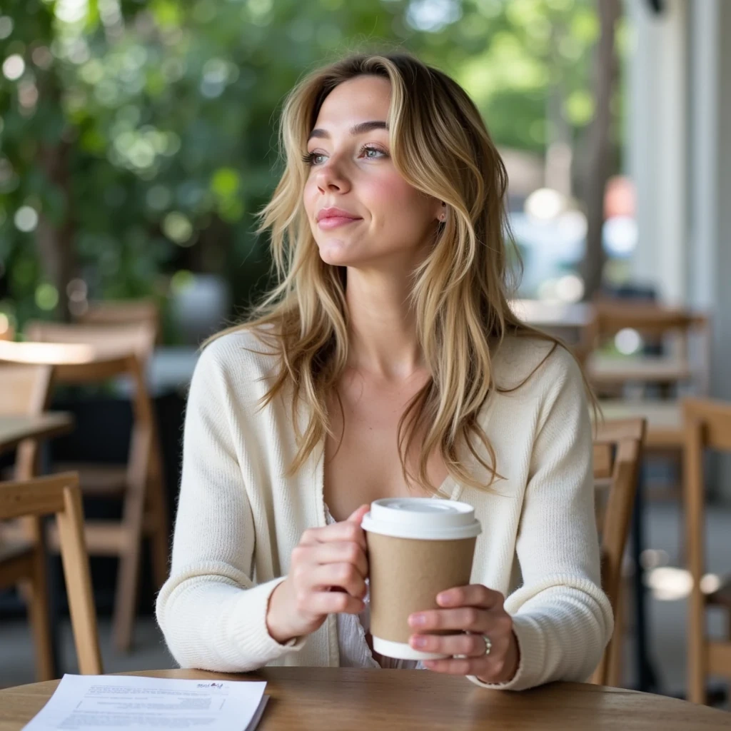 She is sitting at a small outdoor café table, holding her coffee cup with both hands, looking away thoughtfully, hair a little loose, natural daylight, casual vibe like a phone photo
