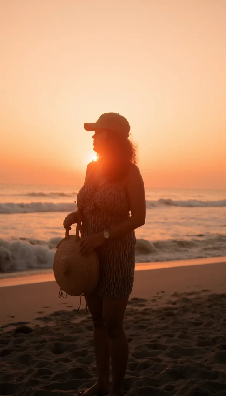 a woman standing on a sandy beach at sunset nwurn64hgslukh9shax36z41