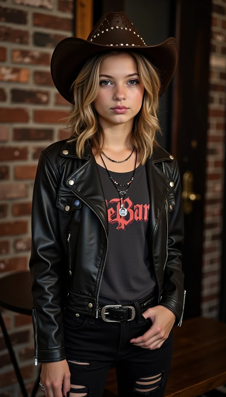 A 19-year-old female model, 5 foot 4 inches tall, petite build with a medium bust, long wavy blonde hair with dyed streaks of black and red, bright blue eyes lined with dark eyeliner, fair skin, symmetrical face, natural beauty with an emo edge. Slim and athletic with graceful posture. Photorealistic style, consistent appearance across images, professional modeling photoshoot. She is wearing ripped black skinny jeans, a band tee tucked under a leather jacket, and a vintage cowboy hat with silver studs. Accessories include layered necklaces, black nail polish, and a chain belt. Setting: indoor studio with moody lighting, brick wall backdrop. Mood/expression: confident, rebellious, slightly brooding. Camera: 3/4 body shot, sharp focus, high resolution."