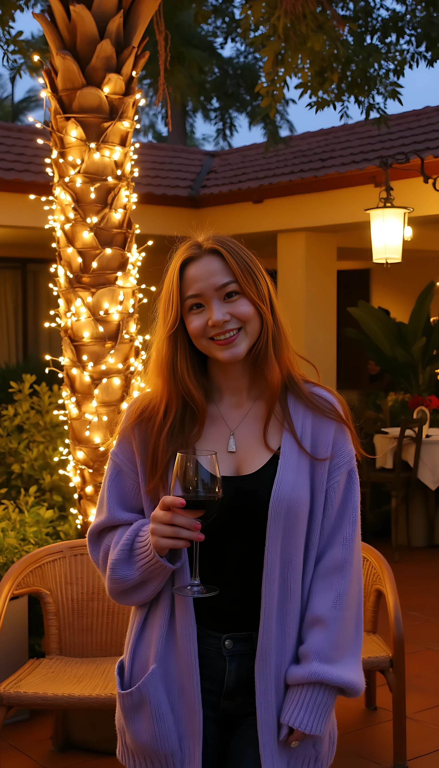 A full body shot photo of a woman standing outdoors at a cozy, warmly lit patio in the evening, with soft, glowing lights wrapped around a tree behind them creating a charming atmosphere. The image is rich in detail, with warm tones and clear textures throughout. The woman has fair skin, a slim build, and long reddish-blonde hair, also worn loose. She is smiling warmly at the camera, holding a glass of red wine in her right hand, and wears a soft-textured lavender cardigan over a black top. The background features a large tree with sparkling string lights wrapped around its trunk and branches, adding a magical touch to the scene. The setting suggests a private outdoor seating area, with elements like terracotta-tiled roofing, greenery, and rattan chairs contributing to a serene, inviting vibe. The overall composition is balanced, with the woman framed against the softly glowing tree, and the lighting enhances the warm, intimate feel of a quiet evening shared among friends. The details are vivid, with textures of clothing, skin, and background elements clearly visible, while the warm lighting creates a relaxed and joyful mood