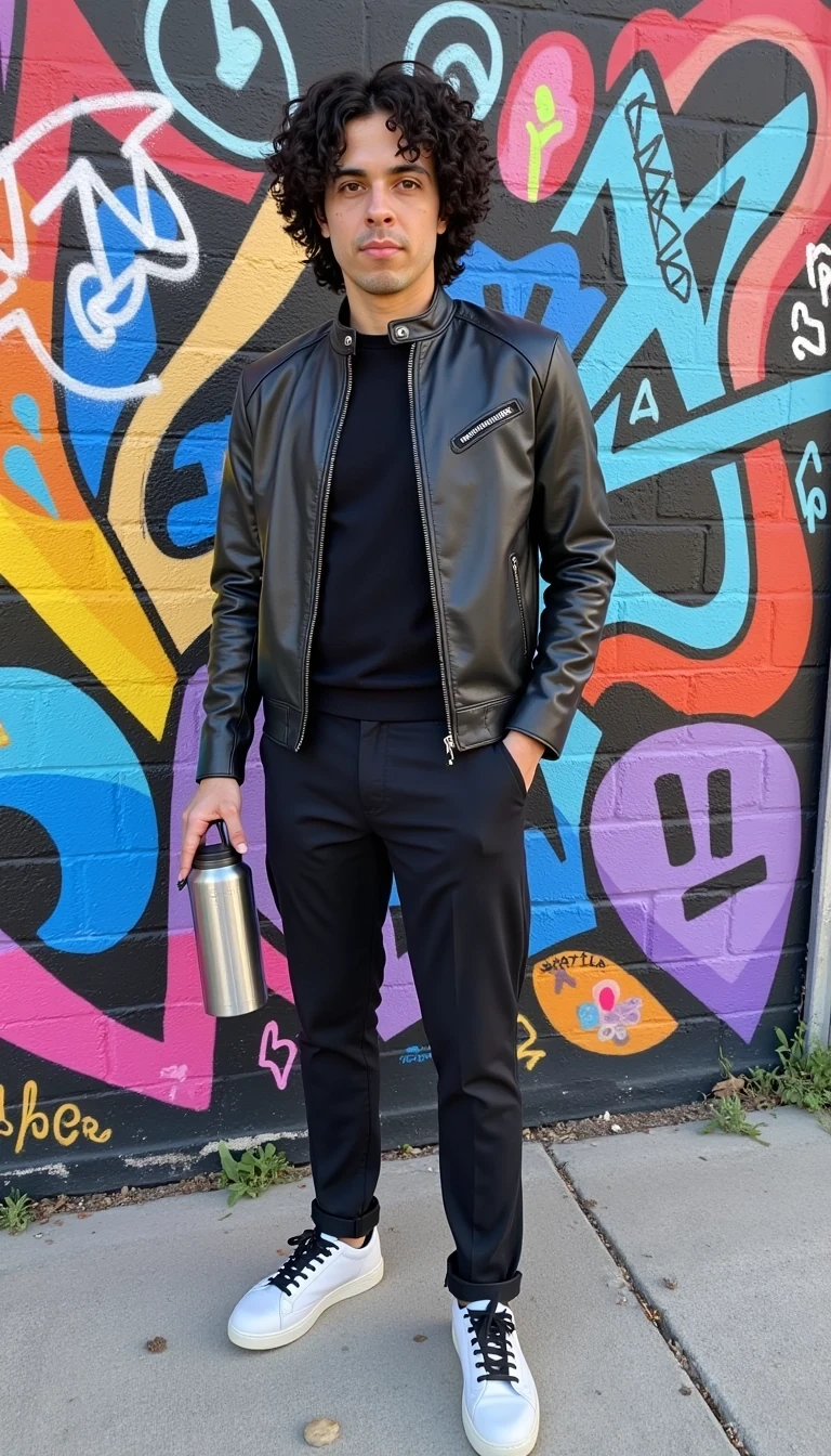Full body shot of CSTMDL Nyxie 2 standing in front of a vibrant graffiti wall, wearing a black leather jacket and sneakers, holding a Stanley water bottle, with colorful urban energy all around. He hair is slightly curly.