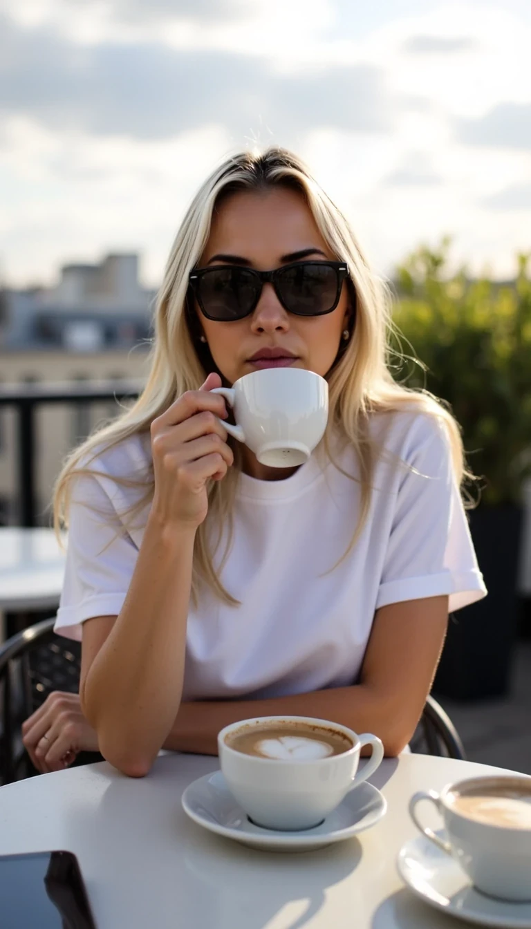 CSTMDL sitting at a rooftop café in Paris, sipping coffee, wearing a casual white t-shirt and sunglasses, with a relaxed smile. Shot in natural golden-hour lighting with a candid Instagram aesthetic.