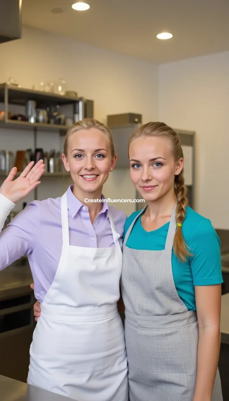 CSTMDL, Hailey, A photorealistic image of two women in a professional kitchen setting, captured with a high-resolution DSLR camera using a 50mm lens at f/2.8 aperture, ISO 100, and studio lighting with softboxes for even illumination. The woman on the left is in her early 40s, with fair skin, her hair tied back in a ponytail, and she has a white cast on her right arm. She is wearing a light purple button-up shirt under a white apron, and her expression is cheerful as she waves with her left hand. The woman on the right is Hailey in her early 20s, with fair skin, long blonde hair styled in a braid, and she is wearing a teal t-shirt under a light grey apron. She has a playful expression, winking at the camera with a slight smile. The background features stainless steel kitchen equipment, shelves with various cooking utensils, and a softly lit, clean, modern kitchen environment with beige walls and white ceiling lights. The dominant colors are soft pastels with metallic tones from the kitchen equipment. The atmosphere is light-hearted and professional, with a medium shot composition that captures them from the waist up, emphasizing their camaraderie. The textures of the aprons, the metallic sheen of the kitchen tools, and the smooth surfaces of the countertops are all vividly detailed.