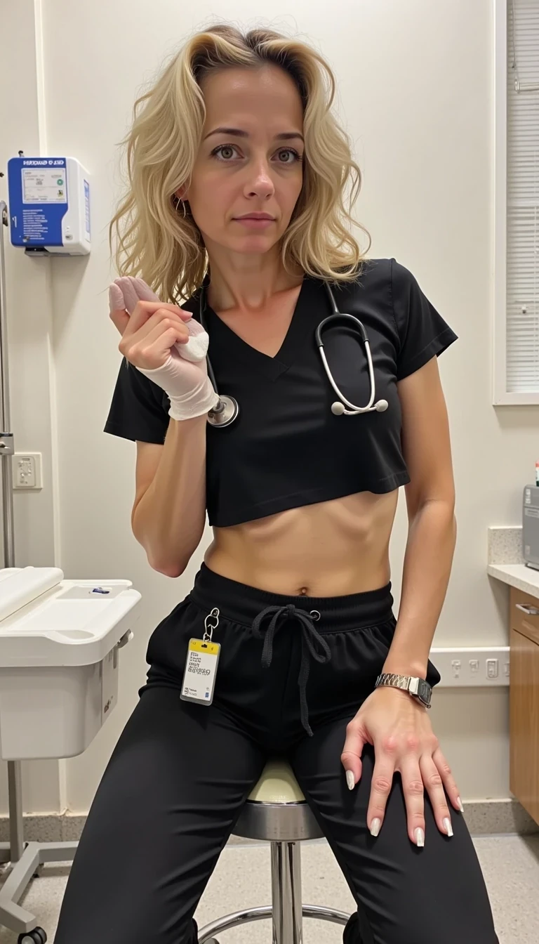 A very sexy mid-30s CSTMDL woman posing indoors in a hospital exam room. She has shoulder length very curly blonde hair and tanned skin. She is thin but athletic and toned. She has a very tiny waist and a very sexy stomach. She wears black tight fitting nurse scrubs, with a name tag hanging from her pocket and a stethoscope draped around her neck. Her skin is super realistic. She is seated on a stool with her back arched, playfully pulling on an exam glove. iPhone portrait. Her body is very sexy. 

