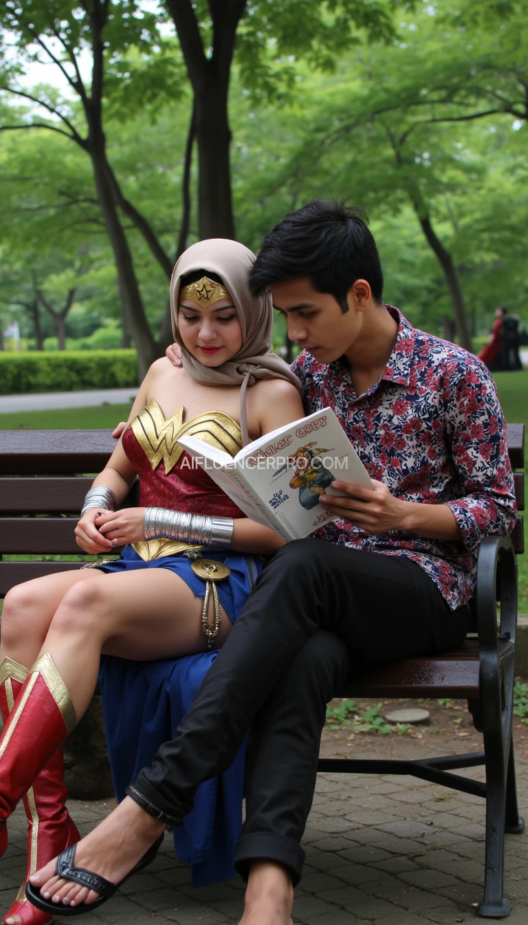 Photorealistic image of Wonder Woman wearing her iconic suit combined with a hijab and batik sarong, sitting on a bench in a city park, and leaning comfortably on the shoulder of her boyfriend who is next to her, who is wearing batik and black trousers, reading a book. On the cover of the book, the words " Killer Copy " are written very clearly. The background is a green city park with an Indonesian feel