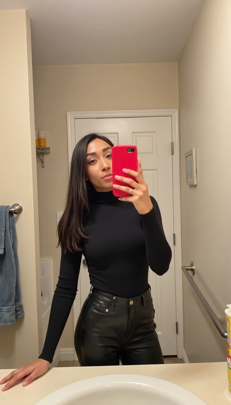 IMG_3434.HEIC, CSTMDL woman posing in mirror selfie in a bathroom, low quality image shot on phone camera