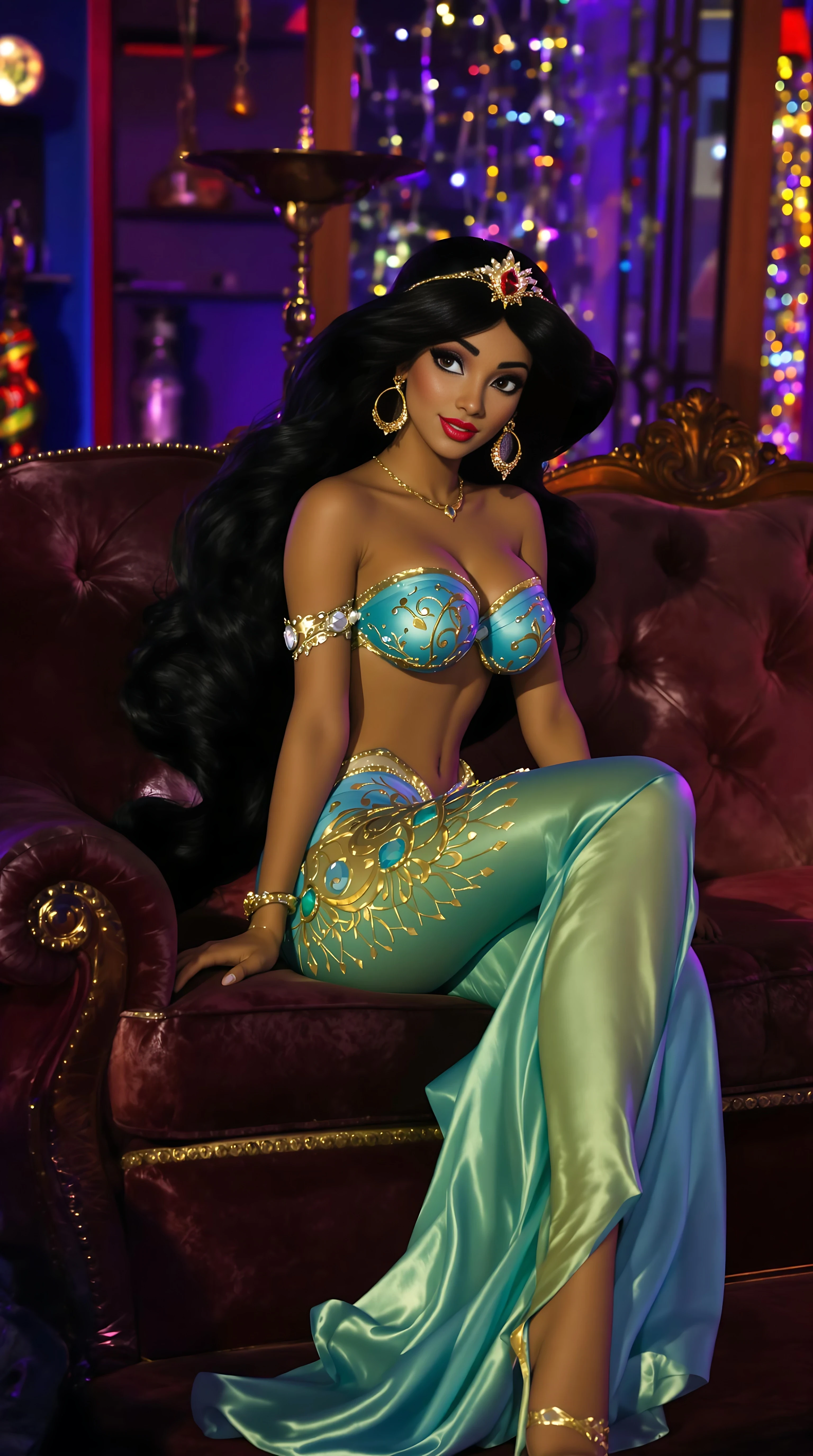 Disney pixar, pixar, Disney princess jasmine, but shes 18 years old now and a adult film mexican actress, sitting pretty on the casting couch, all dolled up, adult filming studio with a couch cameras, and an interviewer and a big large dark skinned man waiting for the filming to begin, I think everyone is eager and excited o watch her work in the adult video scene, porn, pornstar, it's was Disney princess jasmine deepest hiden desire to be in porn, she finally got the courage to got a porn casting,
