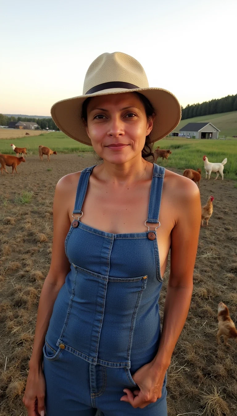 photo of woman CSTMDL, boring low quality snapchat photo circa 2015, young college girl wearing only denim bib in a farmer's hat, standing in a suggestive pose. The scene is set on a farm, with an open field stretching behind her, dotted with crops and a distant barn visible on the horizon. Few scattered farm animals like cows and chickens can be seen grazing and roaming in the background. The light from the setting sun gives a soft orange glow across her face and upper body, casting long shadows across the field. The overall ambiance is relaxed and candid, evoking a casual rural atmosphere.