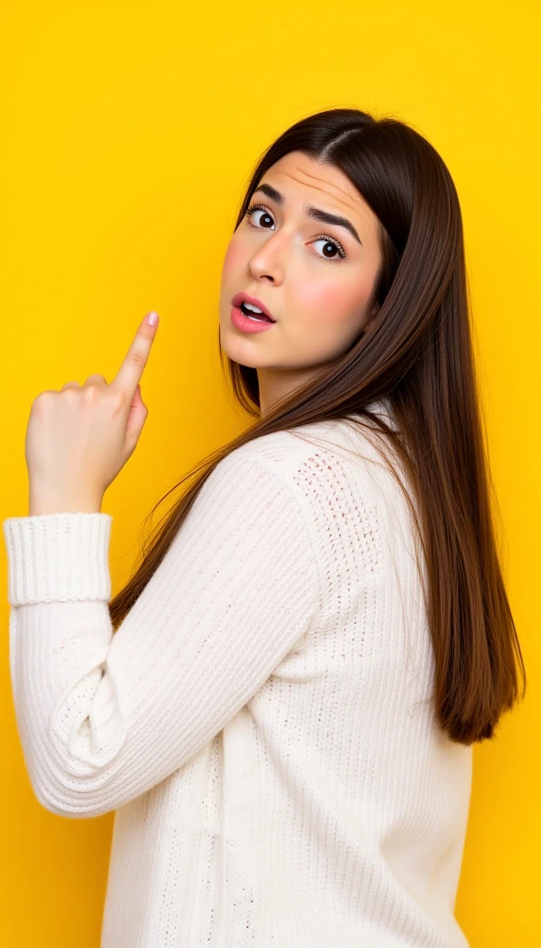 A young woman with long brown hair stands in front of a vibrant yellow background. She wears a cozy white cable-knit sweater and has an expression of confusion or disbelief, with her eyebrows furrowed and lips slightly pursed. Her right hand is raised and she is pointing over her shoulder with her thumb.