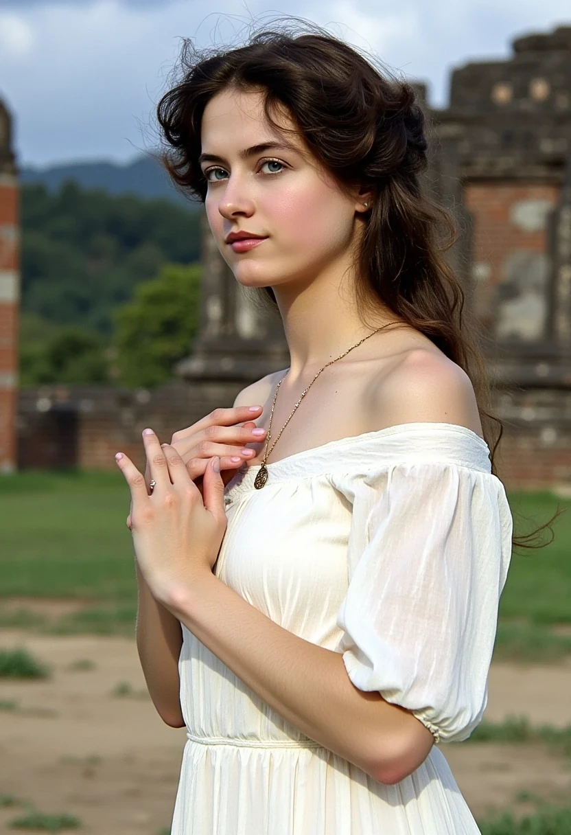 woman CSTMDL, photo ((medium)), brunette, blue eyes, cold smile, 1900 covering white dress, small pendant, tied hair, big breast, thin waist, cambodian khmer ruins in background
