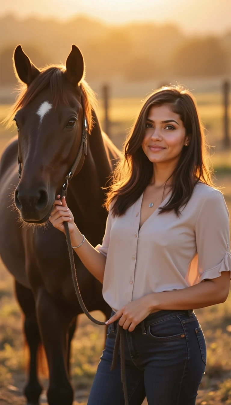 IMG_1578.HEIC
CSTMDL woman outdoors during golden hour, standing beside a dark brown horse on a country trail. She holds the reins gently in one hand and looks toward the camera with a confident, relaxed smile. Her hair moves lightly in the breeze, sunlight creating a soft golden glow on her skin. She’s wearing fitted dark blue jeans and a light, stylish blouse, paired with subtle jewelry — necklace, earrings, and bracelet. The horse’s coat shines under the warm light, background softly blurred with fields and fencing. Natural iPhone-style photo, realistic lighting, influencer vibe, full-body framing showing both woman and horse clearly.
–no airbrushed skin, no plastic shine, no distorted anatomy, no duplicate faces, no studio lighting