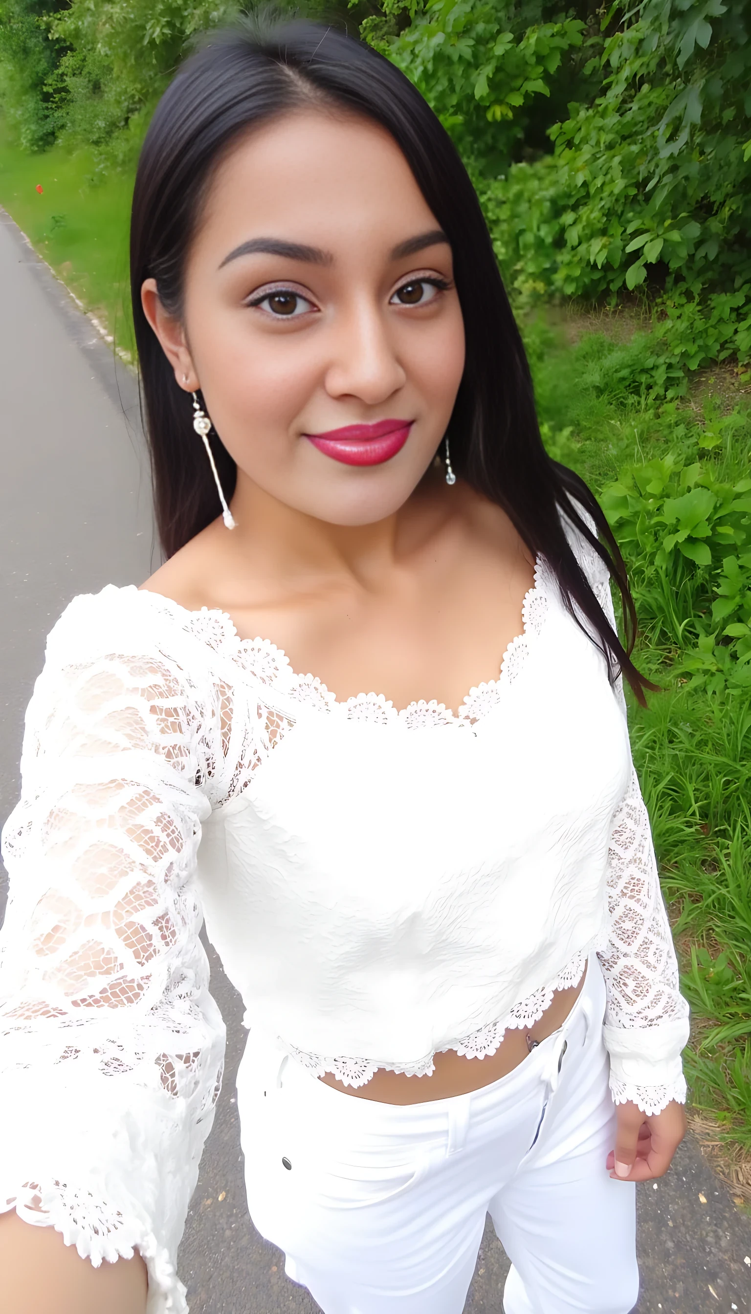 A young woman is taking a selfie outdoors. She is dressed in an elegant white, off-the-shoulder lace top and matching white pants. Her makeup is glamorous, featuring bold red lipstick and expertly applied eyeliner. She accessorizes with long, dangling pearl earrings. In the background, there is greenery, suggesting a natural setting with a path or walkway beside her.