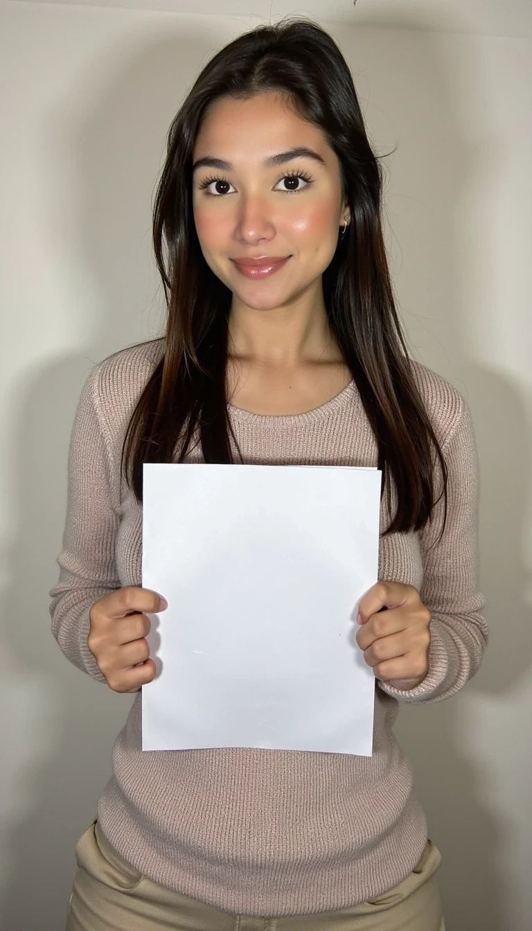 photo of woman CSTMDL, low quality photo, holding a piece of white paper, realistic photo, long sleeve clothes, upper body photo, wall background