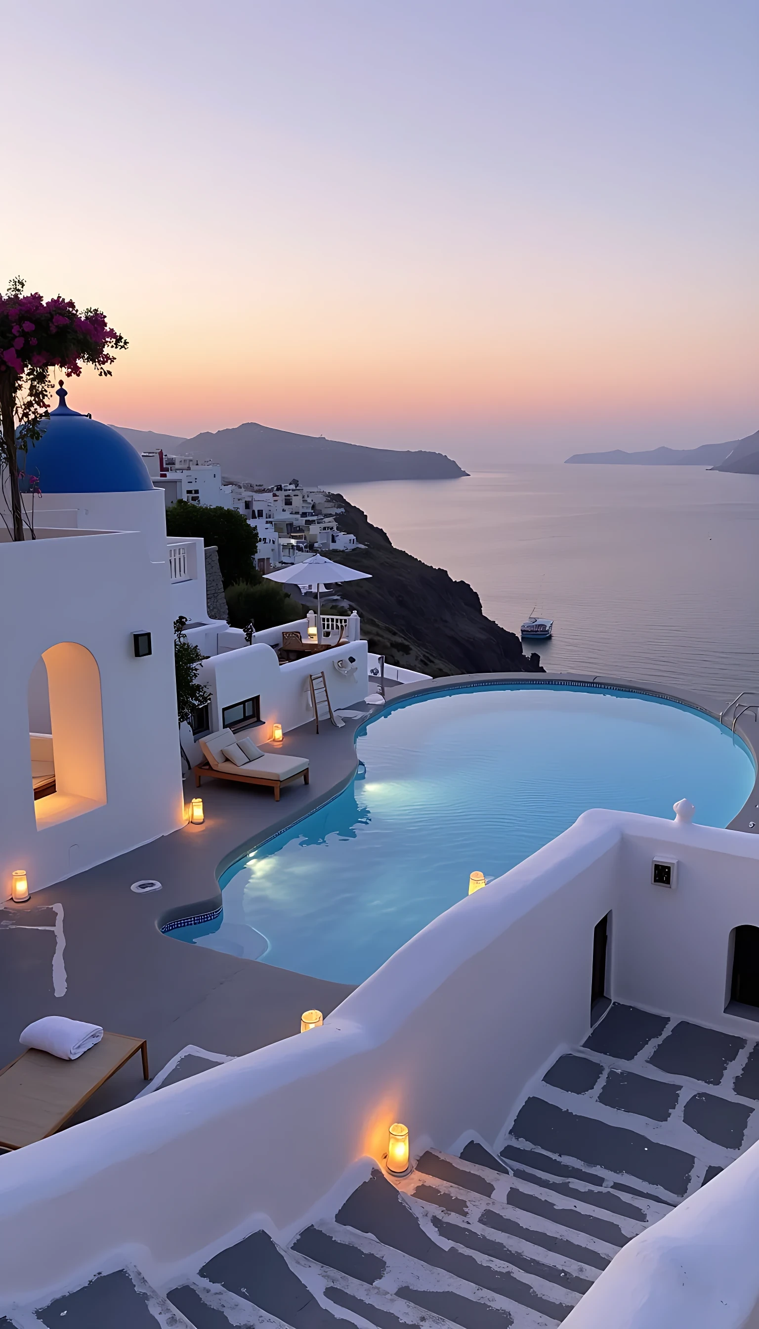 Ultra-realistic 8K photograph of a romantic Santorini-style luxury Airbnb perched high above the caldera, glowing in the soft light of sunset. Whitewashed walls curve seamlessly into the cliffside, accented with cobalt blue domes and hand-carved stone steps. A private infinity pool reflects the orange, pink, and purple hues of the Aegean sky, with lanterns flickering along the terrace edge. Inside, minimalist Cycladic interiors feature smooth plaster walls, built-in alcove seating with plush cream cushions, and arched windows framing endless ocean views. Bougainvillea vines spill over balcony railings, while the distant outline of other cliffside villas glimmers under the fading sun, creating a dreamy, cinematic honeymoon escape.