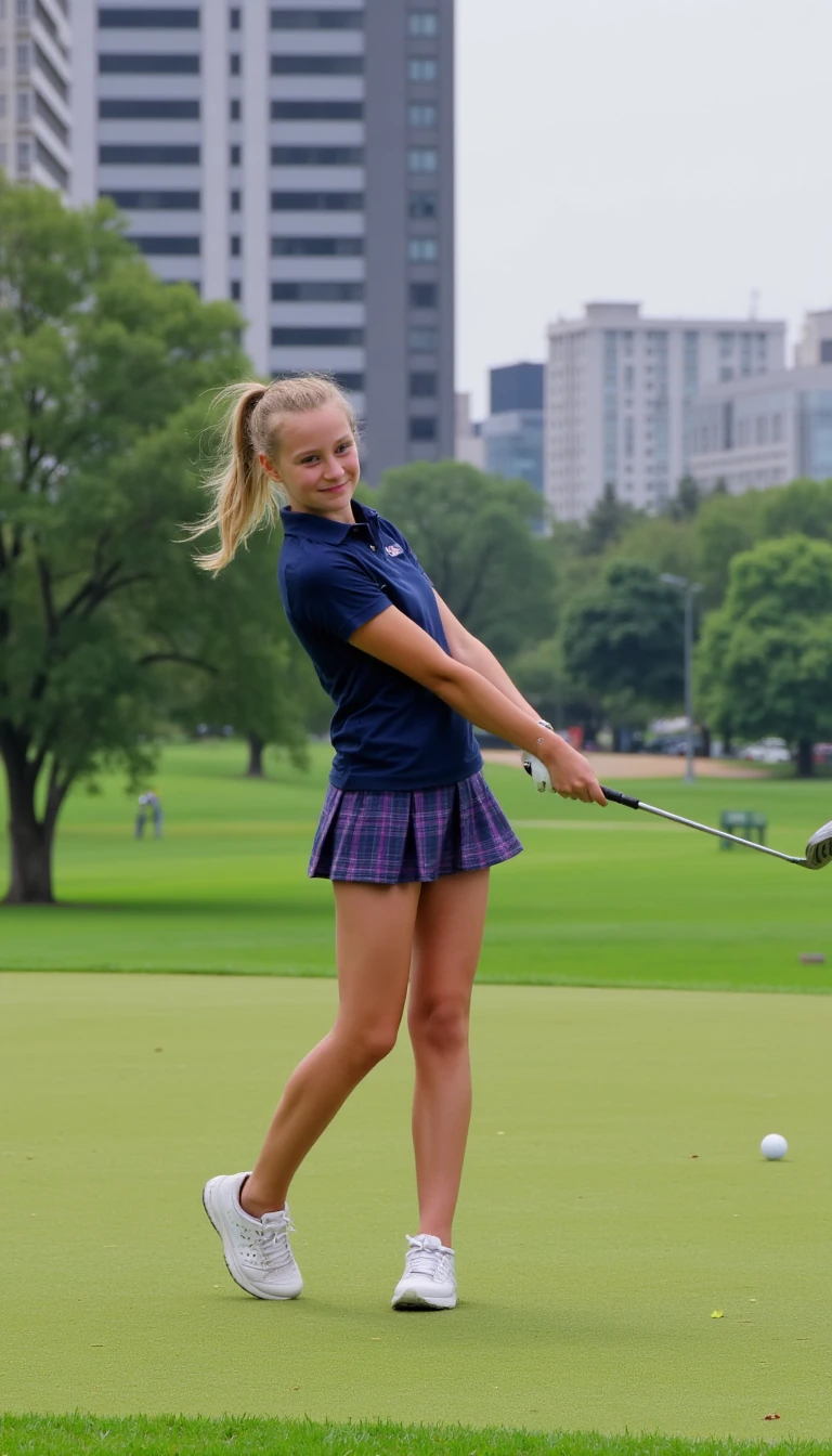 An attractive girl in tight golf attire wearing a skirt playing a shot with an 8 iron on a city course with no golf ball