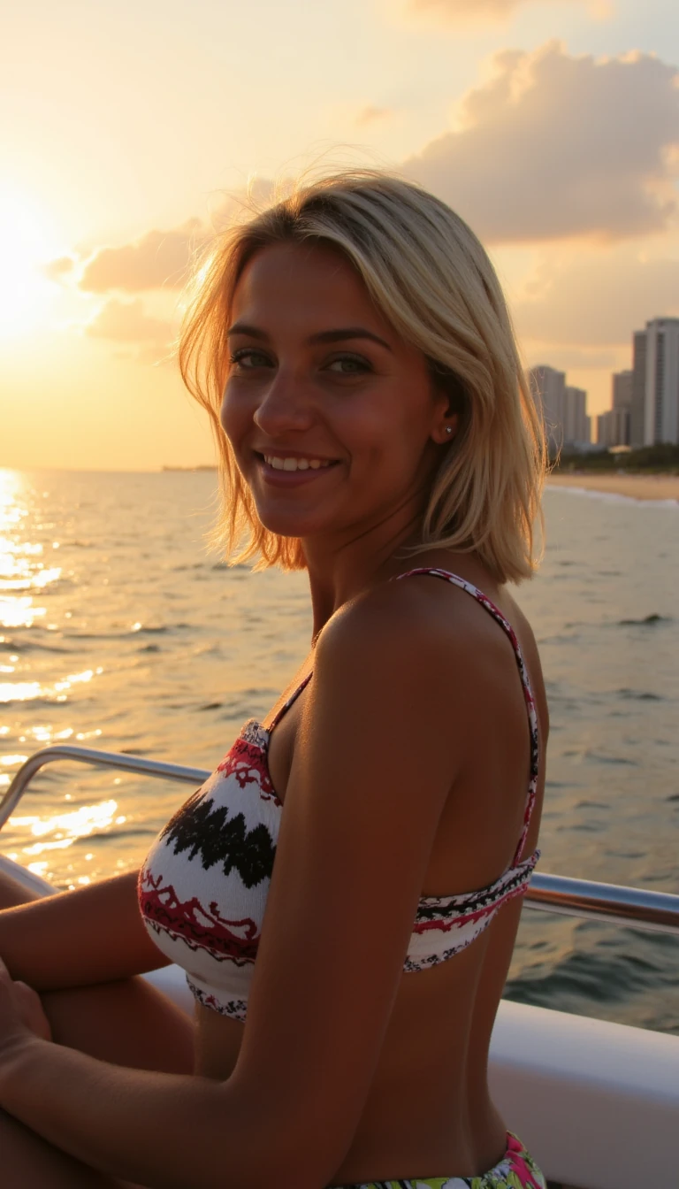 generate a photo of a 22 year old blonde woman on a yacht with the background being miami during a sunset, do not blur the background. make the women's face look like the seed that was provided in the prompt