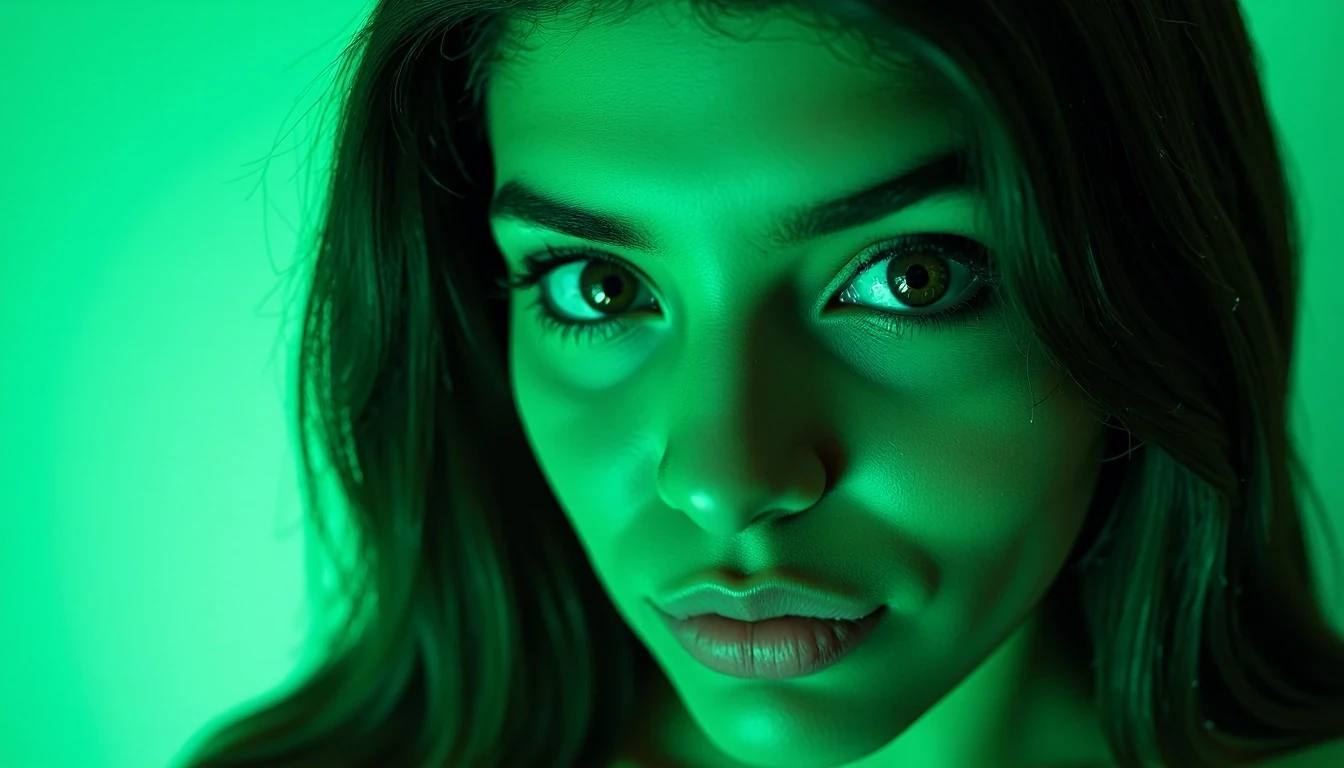 photo of woman CSTMDL with green skin, her skin should be green, score_9,score_10