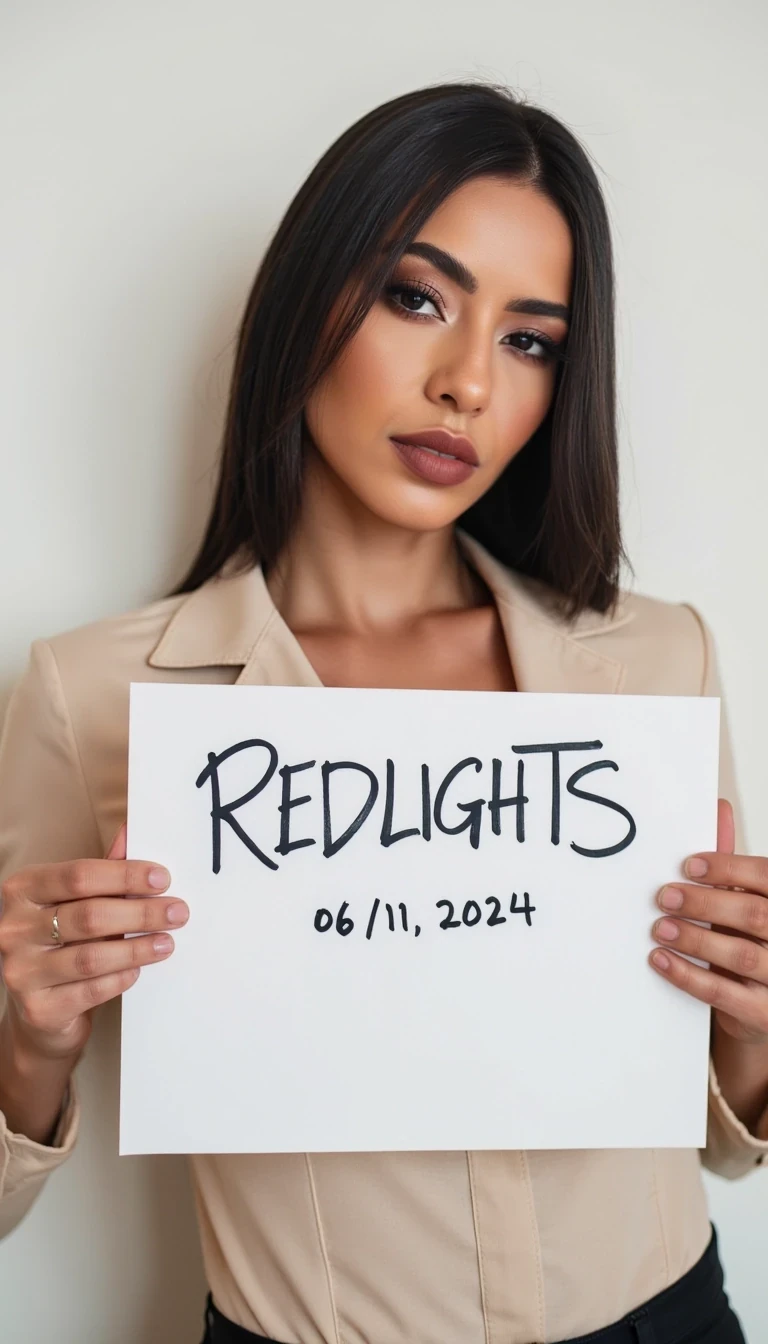 photo of woman CSTMDL, woman holds a sign with handwritten text. She is wearing long sleeves and has neutral makeup. The sign reads "REDLIGHTS" followed by "06/11/2024" in a simple script. The background is a plain, light-colored wall, providing a minimalist and uncluttered setting.