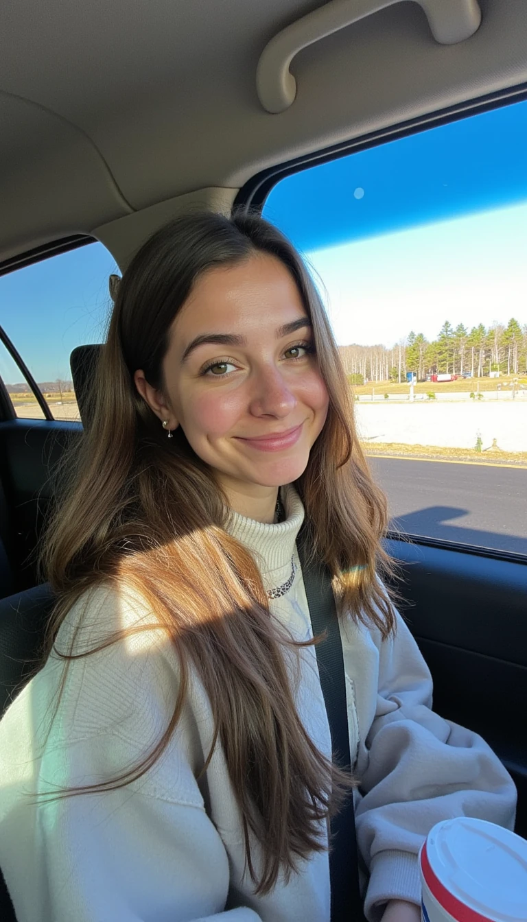boring low quality snapchat photo circa 2015, A young woman with a warm smile, sitting in the driver's seat of a cozy car. She has soft, wavy brown hair cascading past her shoulders. The sunlight streams through the window, casting a gentle glow on her face. The interior of the car is neat and comfortable, with a coffee cup in the cup holder and a small plant on the dashboard. The background outside the window shows a scenic road lined with trees and blue skies