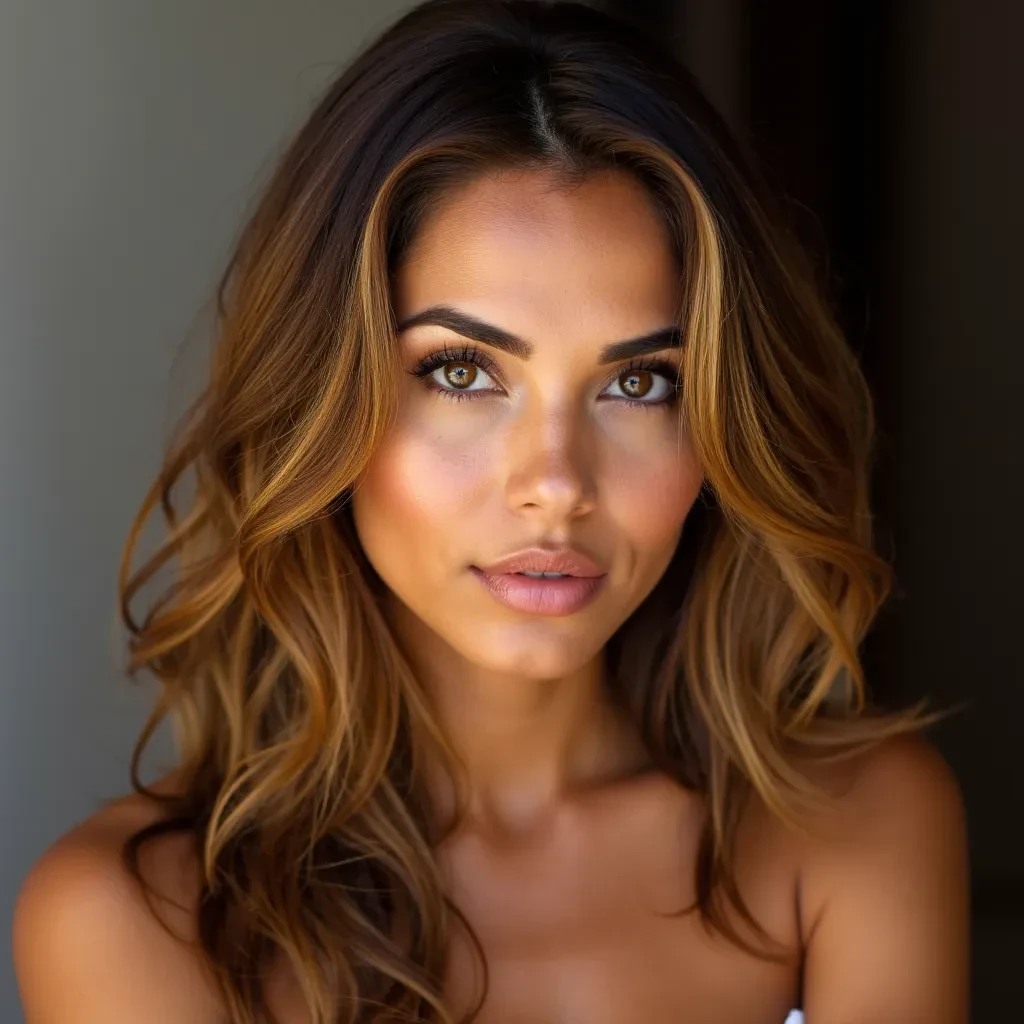 Portrait of a Colombian woman with an elegant and sensual look. She has a slightly oval face with high cheekbones, expressive hazel eyes, perfectly arched eyebrows, and full, well-defined lips with a soft nude tone. Her caramel-colored wavy hair cascades past her shoulders, complementing her glowing tan skin. Her overall appearance radiates charm, confidence, and sophistication.