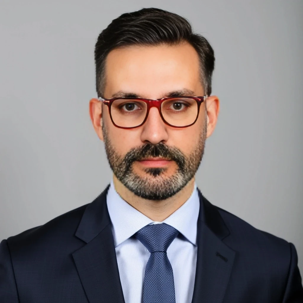 Businessman, with the exact same face as the attached photo and the exact same haircut. He is wearing a suit and modern red Ray-Ban reading glasses. Slim but muscular build, with a beard like in the photo but more neatly groomed. Same haircut as in the attached photo. He is facing the camera directly, as if posing for a LinkedIn profile picture.