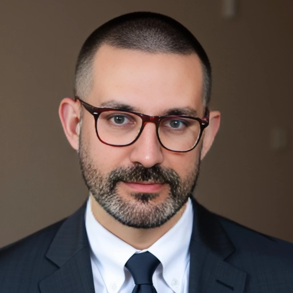 Businessman, with the exact same face as the attached photo and the exact same haircut. He is wearing a suit and modern red Ray-Ban reading glasses. Slim but muscular build, with a beard like in the photo but more neatly groomed. Same haircut as in the attached photo. He is facing the camera directly, as if posing for a LinkedIn profile picture.