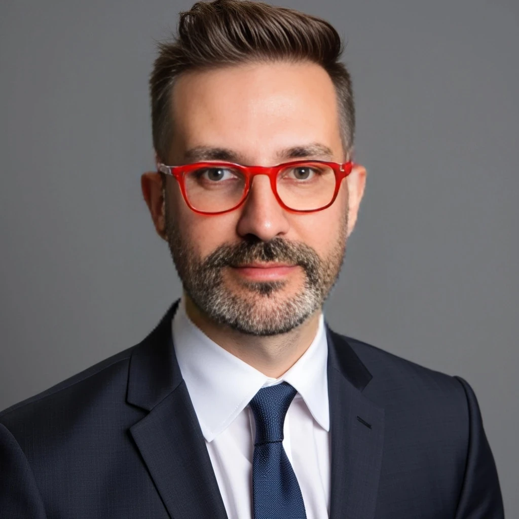 Businessman, with the exact same face as the attached photo and the exact same haircut. He is wearing a suit and modern red Ray-Ban reading glasses. Slim but muscular build, with a beard like in the photo but more neatly groomed. Same haircut as in the attached photo. He is facing the camera directly, as if posing for a LinkedIn profile picture.
