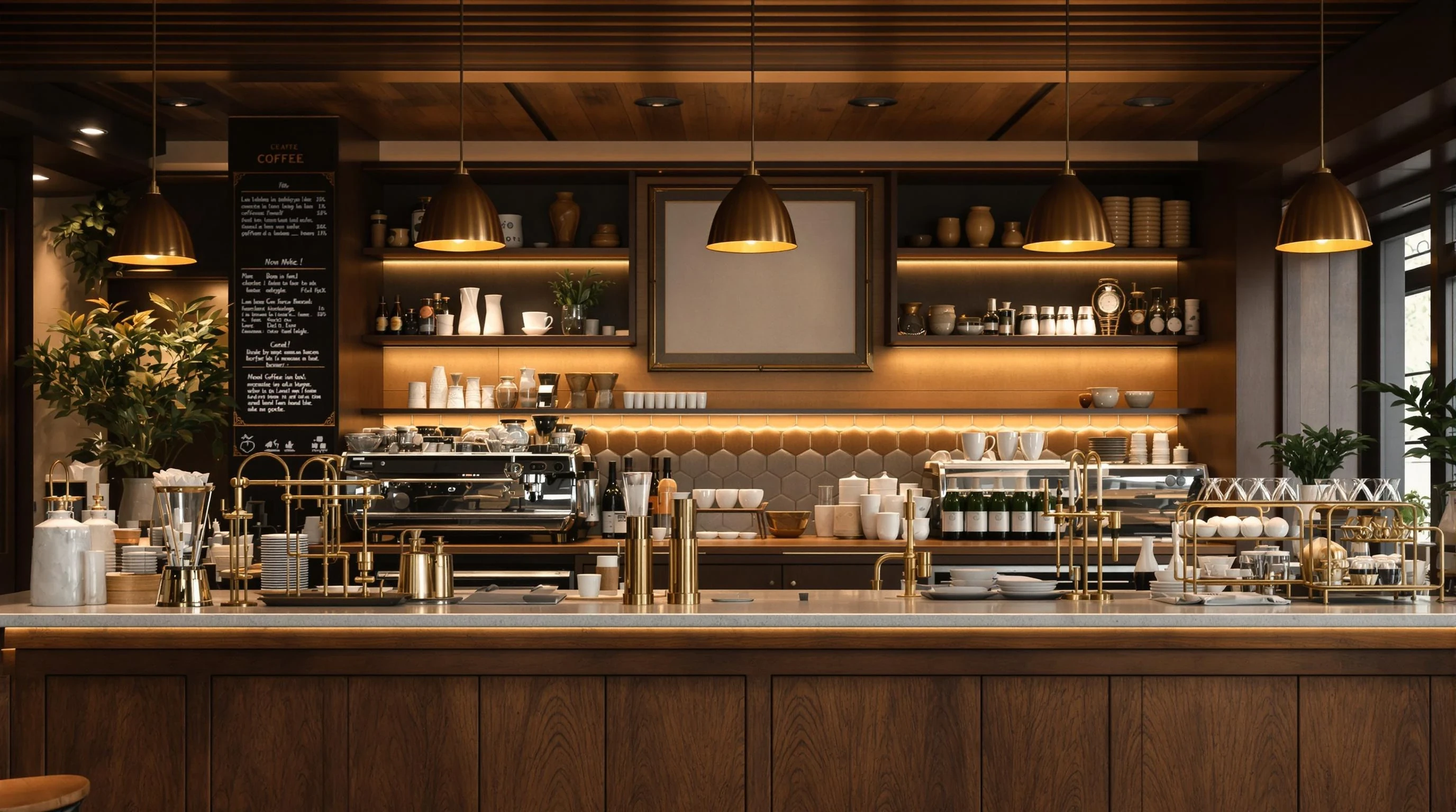 "A cozy café interior focused on a stylish coffee bar and countertop, with warm lighting, espresso machine, cups, coffee beans, and elegant decorations. The scene feels calm and inviting, with wood and brass details, and a quiet atmosphere. Realistic, cinematic, 4K. Text space available on the right."