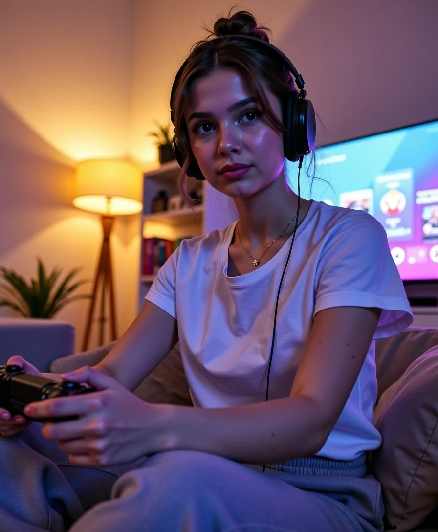 Medium full body lifestyle photo of a 18-year-old woman CSTMDL with hazelnut eyes, light brown hair tied in a loose bun, fully toned skin, and big full symmetrical lips. She has no makeup, showing pure natural beauty, and is focused while smiling softly as she plays video games on a PlayStation. She is wearing casual short grey sweatpants and a fitted white t-shirt, with modern over-ear gaming headphones resting comfortably on her head. 

The camera angle is slightly lower and to the side, capturing her from a three-quarter perspective as she sits casually on the edge of a sofa, leaning slightly forward with a PlayStation controller in her hands. The TV screen glow softly lights her face, while the warm tones of a floor lamp and ambient LED lighting in the background add a cozy atmosphere. Subtle home details like a plant and a bookshelf are visible but blurred to keep attention on her. 

The composition emphasizes her natural, relaxed posture and gaming focus. Technical aspects: DSLR 35mm lens look, medium full body shot, cinematic perspective, shallow depth of field with natural bokeh, HDR, ultra photorealistic, professional photography, highly detailed textures of skin, fabric, and gaming gear, 8k high definition, Instagram lifestyle style.


Sharp focus on facial features, High dynamic range, 85mm lens look