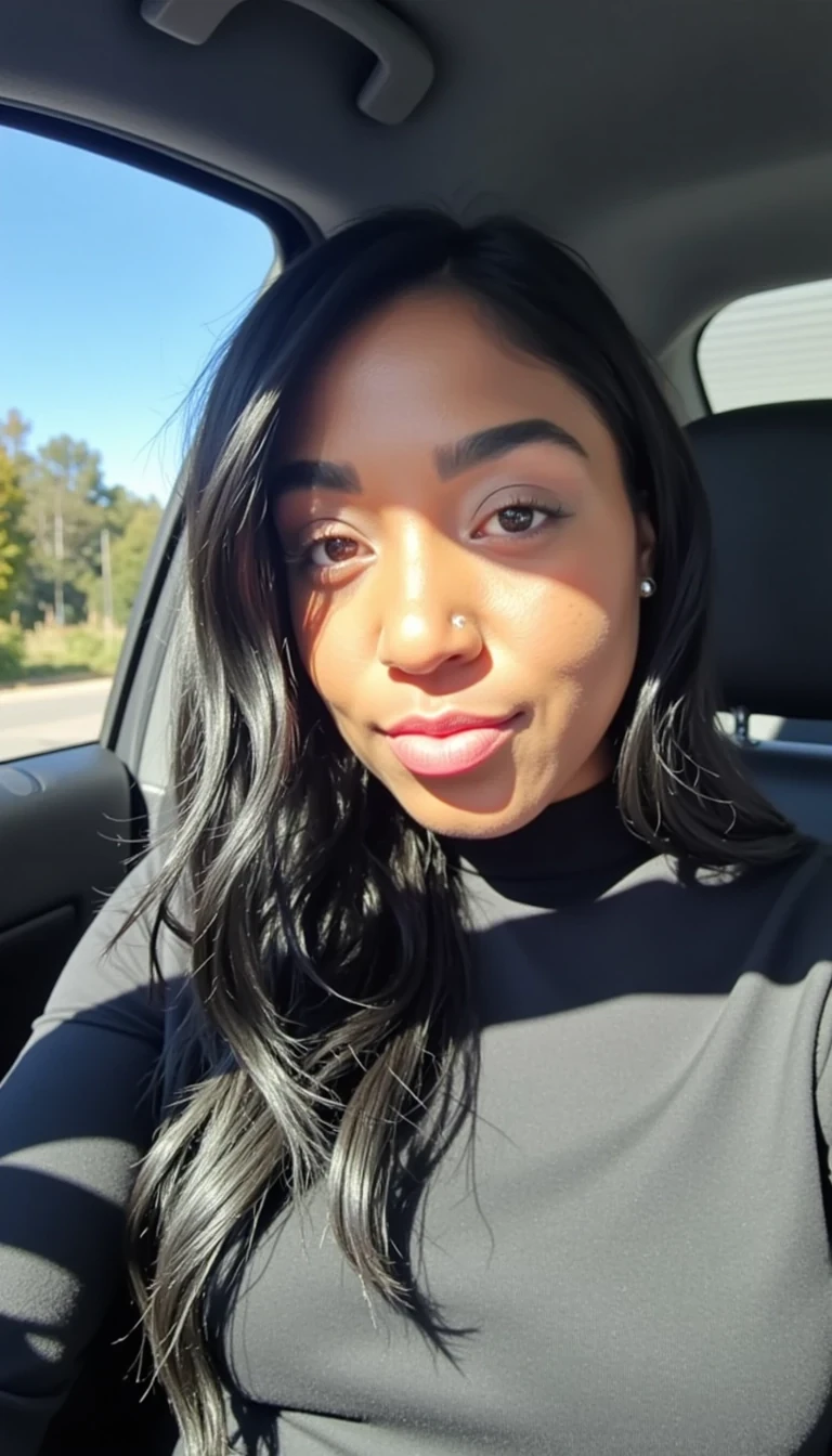boring low quality snapchat photo circa 2015, CSTMDL, young and very curvaceous BBW woman. The sunlight streams through the window, casting a gentle glow on her face. The interior of the car is neat and comfortable, with a coffee cup in the cup holder and a small plant on the dashboard. The background outside the window shows a scenic road lined with trees and blue skies
