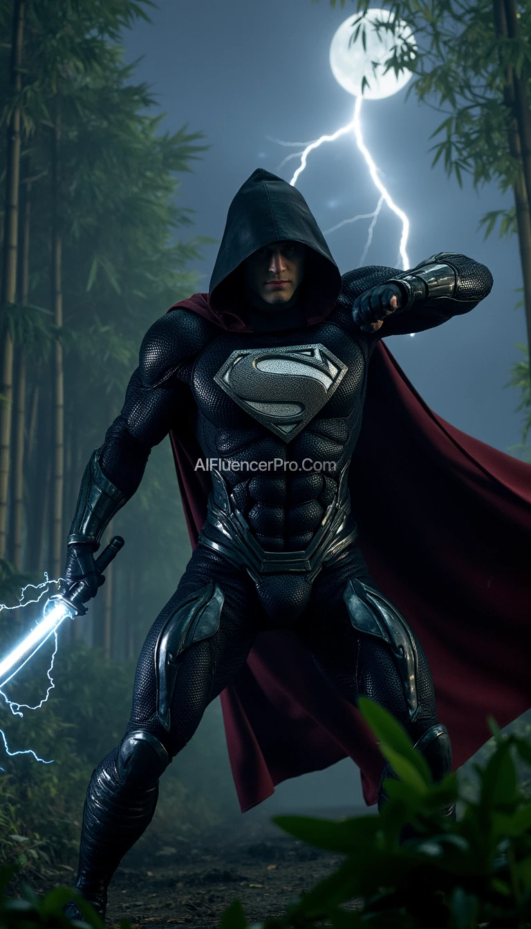 A photorealistic Superman wearing a modified ninja-inspired suit, poised to strike in an aggressive attacking pose. The suit is sleek and metallic, seamlessly merging robotic elements with armor plating. He dons a traditional ninja hooded cloak, enhancing his aura of precision and strength. In his hand, he wields an electrifying katana. The iconic 'S' symbol on his chest. The scene is set in a misty bamboo forest at night, where moonlight pierces through the dense foliage, casting sharp contrasts of light and shadow. A distant thunderstorm flashes faint lightning in the horizon, adding to the high-stakes, cinematic atmosphere. Superman lunges forward, his cape rippling as he becomes a striking figure in this otherworldly, dramatic setting.