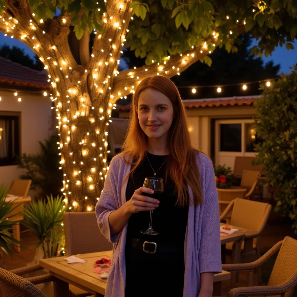 A full body shot photo of a woman standing outdoors at a cozy, warmly lit patio in the evening, with soft, glowing lights wrapped around a tree behind them creating a charming atmosphere. The image is rich in detail, with warm tones and clear textures throughout. The woman has fair skin, a slim build, and long reddish-blonde hair, also worn loose. She is smiling warmly at the camera, holding a glass of red wine in her right hand, and wears a soft-textured lavender cardigan over a black top. The background features a large tree with sparkling string lights wrapped around its trunk and branches, adding a magical touch to the scene. The setting suggests a private outdoor seating area, with elements like terracotta-tiled roofing, greenery, and rattan chairs contributing to a serene, inviting vibe. The overall composition is balanced, with the woman framed against the softly glowing tree, and the lighting enhances the warm, intimate feel of a quiet evening shared among friends. The details are vivid, with textures of clothing, skin, and background elements clearly visible, while the warm lighting creates a relaxed and joyful mood