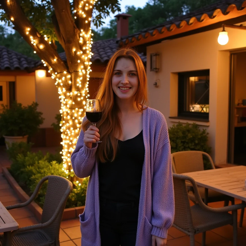 A full body shot photo of a woman standing outdoors at a cozy, warmly lit patio in the evening, with soft, glowing lights wrapped around a tree behind them creating a charming atmosphere. The image is rich in detail, with warm tones and clear textures throughout. The woman has fair skin, a slim build, and long reddish-blonde hair, also worn loose. She is smiling warmly at the camera, holding a glass of red wine in her right hand, and wears a soft-textured lavender cardigan over a black top. The background features a large tree with sparkling string lights wrapped around its trunk and branches, adding a magical touch to the scene. The setting suggests a private outdoor seating area, with elements like terracotta-tiled roofing, greenery, and rattan chairs contributing to a serene, inviting vibe. The overall composition is balanced, with the woman framed against the softly glowing tree, and the lighting enhances the warm, intimate feel of a quiet evening shared among friends. The details are vivid, with textures of clothing, skin, and background elements clearly visible, while the warm lighting creates a relaxed and joyful mood