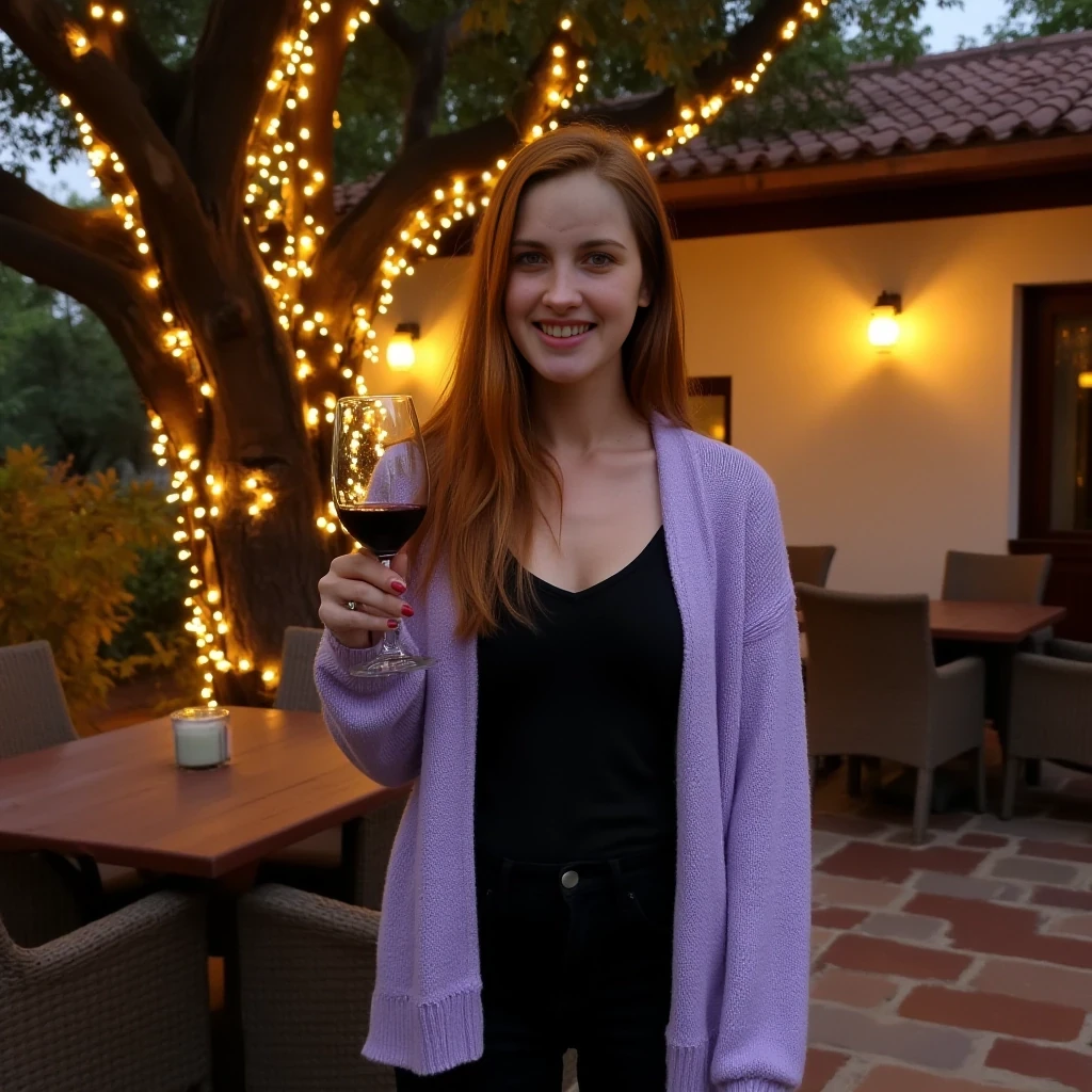 A full body shot photo of a woman standing outdoors at a cozy, warmly lit patio in the evening, with soft, glowing lights wrapped around a tree behind them creating a charming atmosphere. The image is rich in detail, with warm tones and clear textures throughout. The woman has fair skin, a slim build, and long reddish-blonde hair, also worn loose. She is smiling warmly at the camera, holding a glass of red wine in her right hand, and wears a soft-textured lavender cardigan over a black top. The background features a large tree with sparkling string lights wrapped around its trunk and branches, adding a magical touch to the scene. The setting suggests a private outdoor seating area, with elements like terracotta-tiled roofing, greenery, and rattan chairs contributing to a serene, inviting vibe. The overall composition is balanced, with the woman framed against the softly glowing tree, and the lighting enhances the warm, intimate feel of a quiet evening shared among friends. The details are vivid, with textures of clothing, skin, and background elements clearly visible, while the warm lighting creates a relaxed and joyful mood
