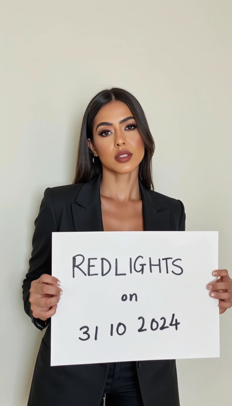 photo of woman CSTMDL,   woman holds a sign with handwritten text. She is wearing long sleeves and has neutral makeup. The sign reads "REDLIGHTS" followed by "31/10/2024" in a simple script. The background is a plain, light-colored wall, providing a minimalist and uncluttered setting.