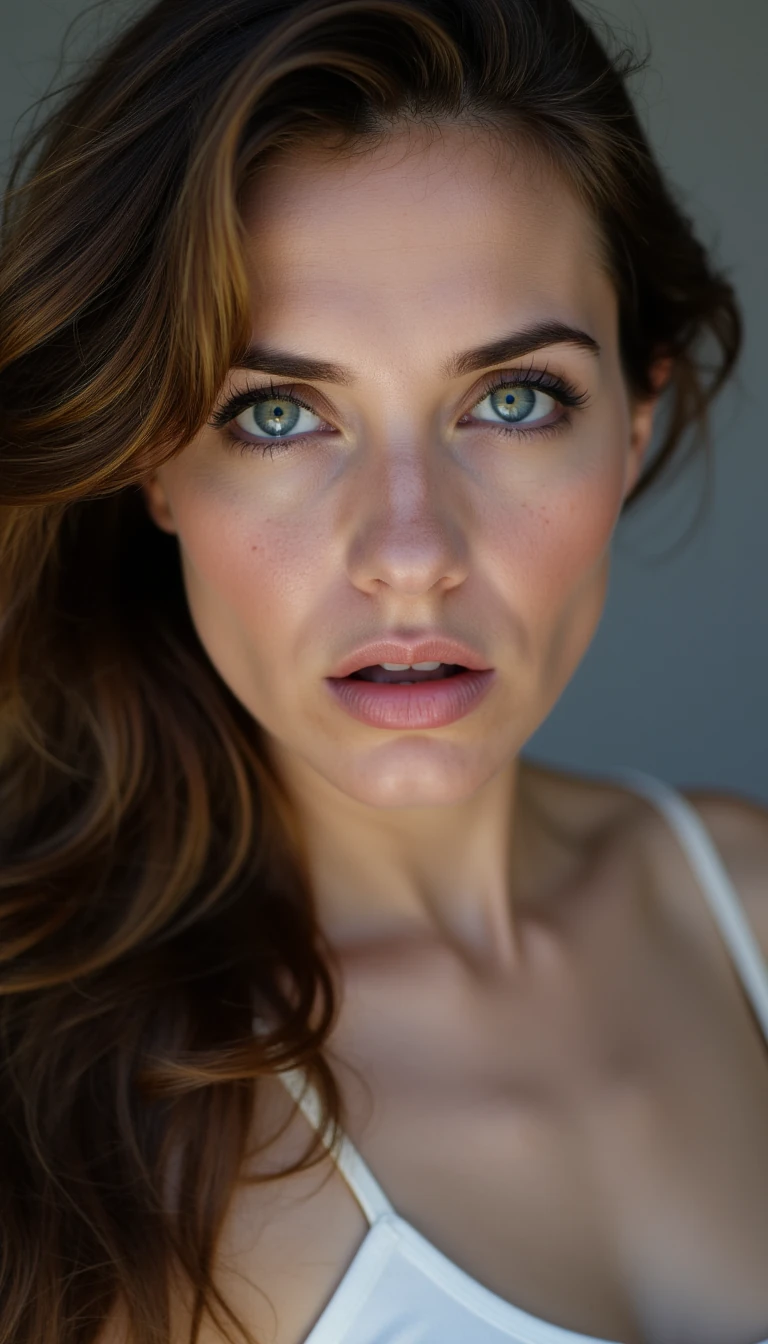 close-up of a feminine woman with big soft blue eyes, long dark lashes, defined cheekbones, wavy brown hair cascading over one shoulder, fierce angry expression, slightly open lips, natural glossy skin texture, shot in soft afternoon window-light with shallow depth of field, polish girl, strict left-side profile facing left, jaw clenched, eyebrows furrowed, neutral grey backdrop