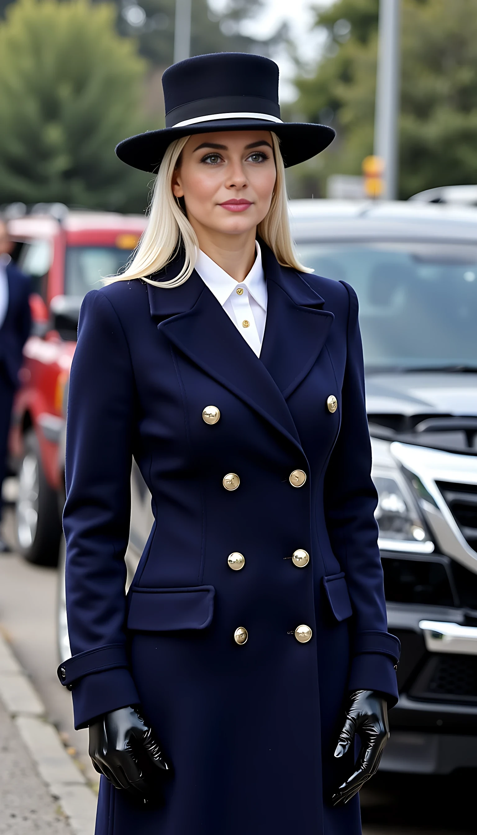 This is a very grainy, photograph capturing a blonde woman with blue eyes standing outside a black vehicle, likely a limousine or a car. The woman is dressed in a formal, navy blue double-breasted coat with large buttons and a high collar, which is paired with a crisp white blouse. She is wearing black leather gloves, and her hair is hidden under a wide-brimmed navy blue hat with a white band. Her expression is neutral, and she appears to be looking slightly to her right.

The background shows a blurred, out-of-focus view of a street scene, with hints of greenery and a red vehicle parked behind the black car she is standing next to. There are also some indistinct figures in the background, possibly other people or security personnel. The lighting suggests it is a sunny day, with the shadows indicating it is late afternoon. The overall atmosphere is formal and somewhat ceremonial, possibly indicating a public appearance or an official event. The image captures a moment of elegance and formality, with the woman's attire and posture reflecting a sense of sophistication and importance. 