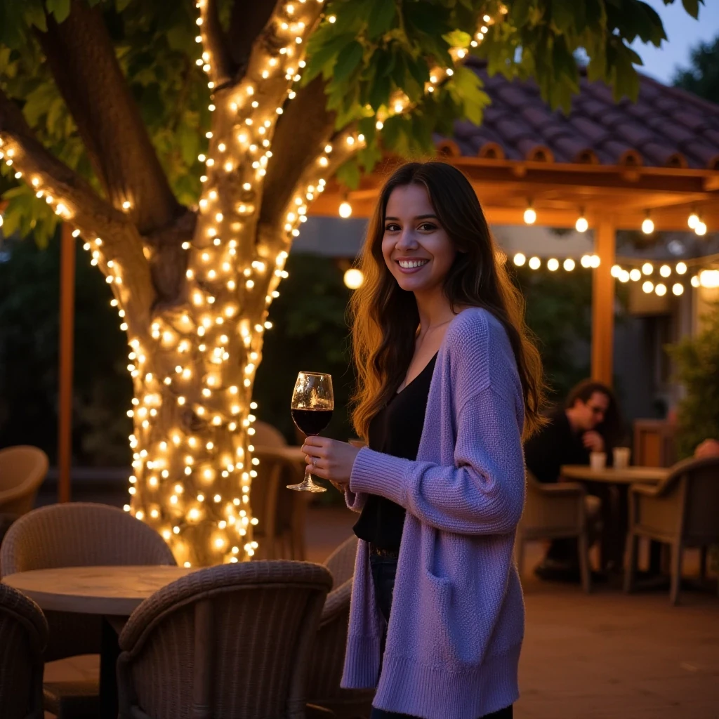 A full body shot photo of a woman standing outdoors at a cozy, warmly lit patio in the evening, with soft, glowing lights wrapped around a tree behind them creating a charming atmosphere. The image is rich in detail, with warm tones and clear textures throughout. The woman has fair skin, a slim build, and brown wavy hair, also worn loose. She is smiling warmly at the camera, holding a glass of red wine in her right hand, and wears a soft-textured lavender cardigan over a black top. The background features a large tree with sparkling string lights wrapped around its trunk and branches, adding a magical touch to the scene. The setting suggests a private outdoor seating area, with elements like terracotta-tiled roofing, greenery, and rattan chairs contributing to a serene, inviting vibe. The overall composition is balanced, with the woman framed against the softly glowing tree, and the lighting enhances the warm, intimate feel of a quiet evening shared among friends. The details are vivid, with textures of clothing, skin, and background elements clearly visible, while the warm lighting creates a relaxed and joyful mood