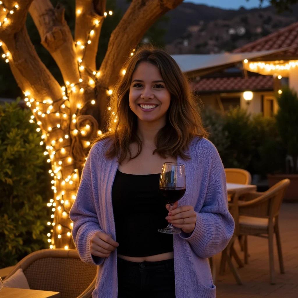 A full body shot photo of a woman standing outdoors at a cozy, warmly lit patio in the evening, with soft, glowing lights wrapped around a tree behind them creating a charming atmosphere. The image is rich in detail, with warm tones and clear textures throughout. The woman has fair skin, a slim build, and brown wavy hair, also worn loose. She is smiling warmly at the camera, holding a glass of red wine in her right hand, and wears a soft-textured lavender cardigan over a black top. The background features a large tree with sparkling string lights wrapped around its trunk and branches, adding a magical touch to the scene. The setting suggests a private outdoor seating area, with elements like terracotta-tiled roofing, greenery, and rattan chairs contributing to a serene, inviting vibe. The overall composition is balanced, with the woman framed against the softly glowing tree, and the lighting enhances the warm, intimate feel of a quiet evening shared among friends. The details are vivid, with textures of clothing, skin, and background elements clearly visible, while the warm lighting creates a relaxed and joyful mood