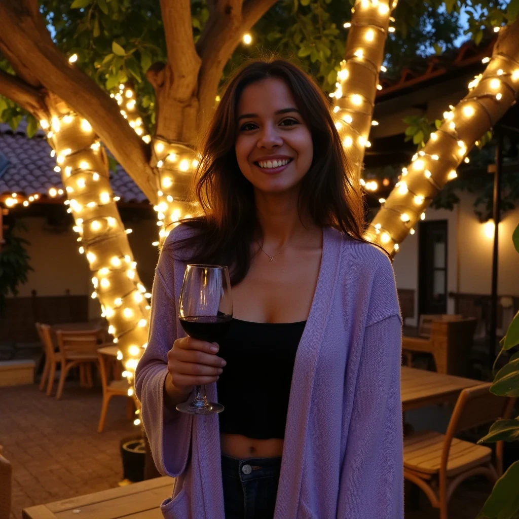 A full body shot photo of a woman standing outdoors at a cozy, warmly lit patio in the evening, with soft, glowing lights wrapped around a tree behind them creating a charming atmosphere. The image is rich in detail, with warm tones and clear textures throughout. The woman has fair skin, a slim build, and brown wavy hair, also worn loose. She is smiling warmly at the camera, holding a glass of red wine in her right hand, and wears a soft-textured lavender cardigan over a black top. The background features a large tree with sparkling string lights wrapped around its trunk and branches, adding a magical touch to the scene. The setting suggests a private outdoor seating area, with elements like terracotta-tiled roofing, greenery, and rattan chairs contributing to a serene, inviting vibe. The overall composition is balanced, with the woman framed against the softly glowing tree, and the lighting enhances the warm, intimate feel of a quiet evening shared among friends. The details are vivid, with textures of clothing, skin, and background elements clearly visible, while the warm lighting creates a relaxed and joyful mood