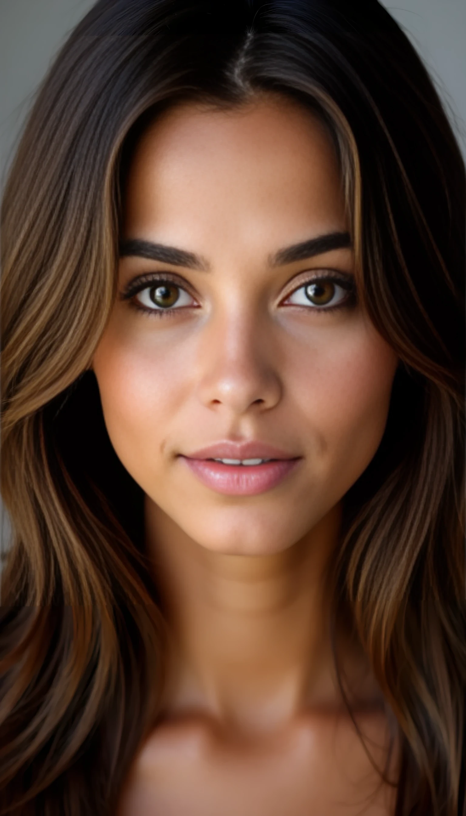 A portrait photo of a beautiful 20 years old model, mixed ethnicity of half white American half Brazilian, with silky brunette hair, amber brown eyes, ultra detailed eyes with sharp iris reflections, slight smile, studio-quality, extremely realistic HD