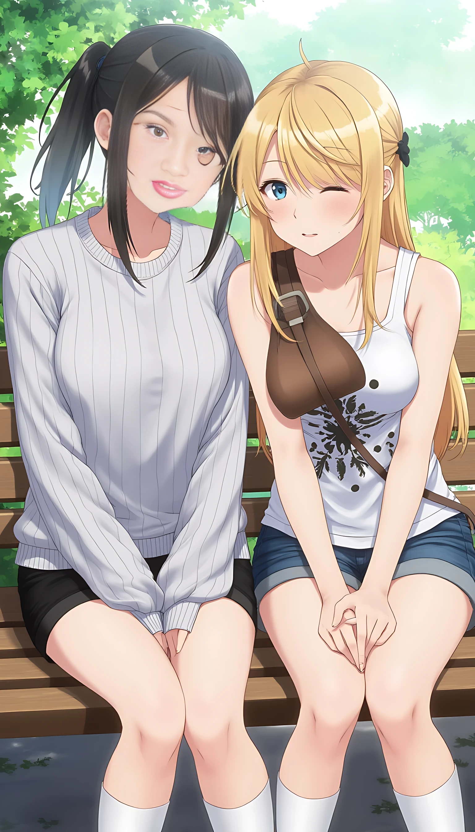 Two friends on bench. One is korean and wearing crop sweater and shorts other is woman with highlighted hairs and wearing top tank with one shoulder drop and blue short. 