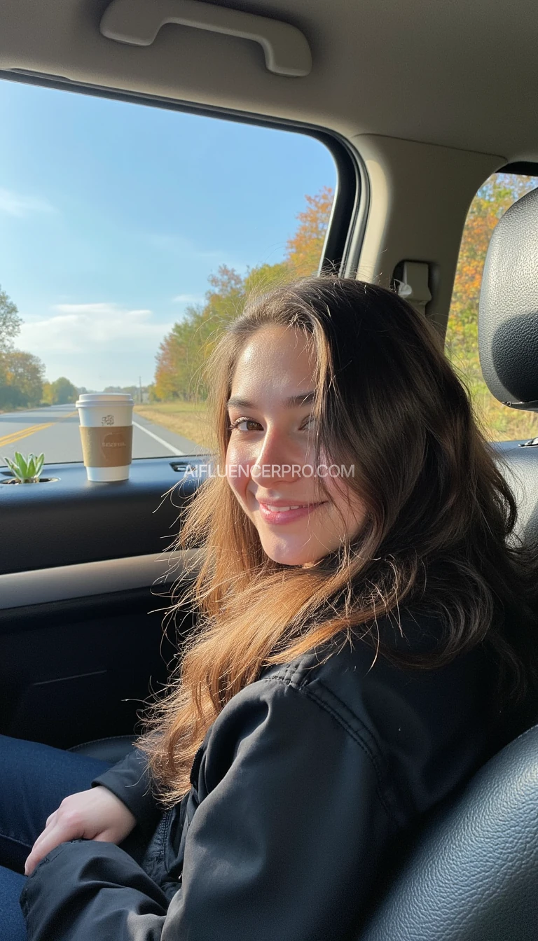 High quality snapchat photo circa 2024, A young woman with a warm smile, sitting in the driver's seat of a cozy car. She has soft, wavy brown hair cascading past her shoulders. The sunlight streams through the window, casting a gentle glow on her face. Her tits are peaking out of her jacket. The interior of the car is neat and comfortable, with a coffee cup in the cup holder and a small plant on the dashboard. The background outside the window shows a scenic road lined with trees and blue skies